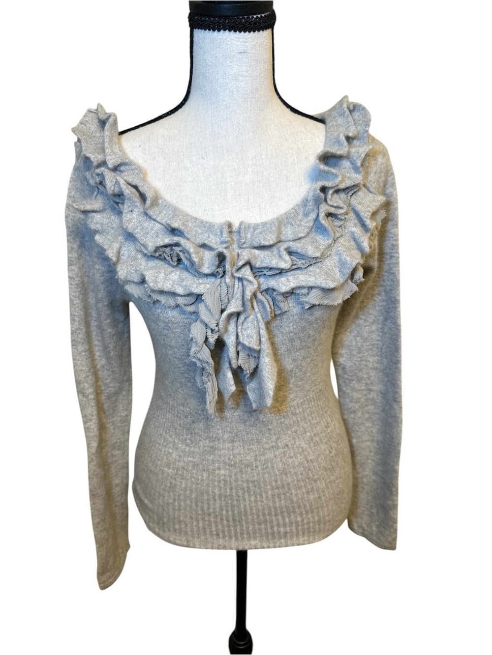Light Gray Ruffle-Neck Scoop Sweater